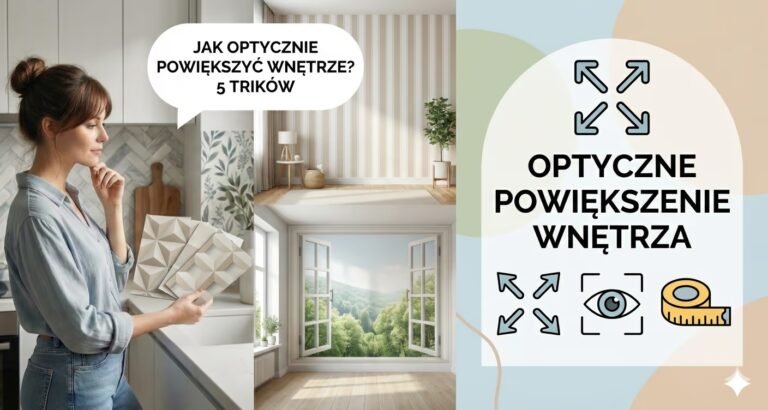Kobieta wybierająca tapetę 3D, obok przykłady wnętrz z tapetą w pasy i fototapetą z oknem, oraz ikony symbolizujące optyczne powiększanie.